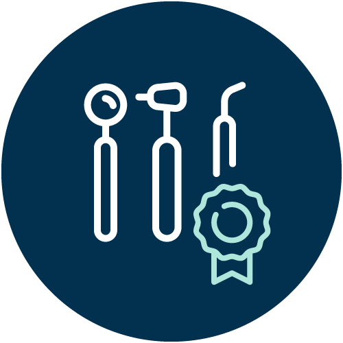 Icon Zahnspiegel, Bohrer und Sonde mit Qualitätssiegel